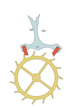 Animation of inline lever escapement, showing motion of the lever (blue), pallets (red), and escape wheel (yellow)