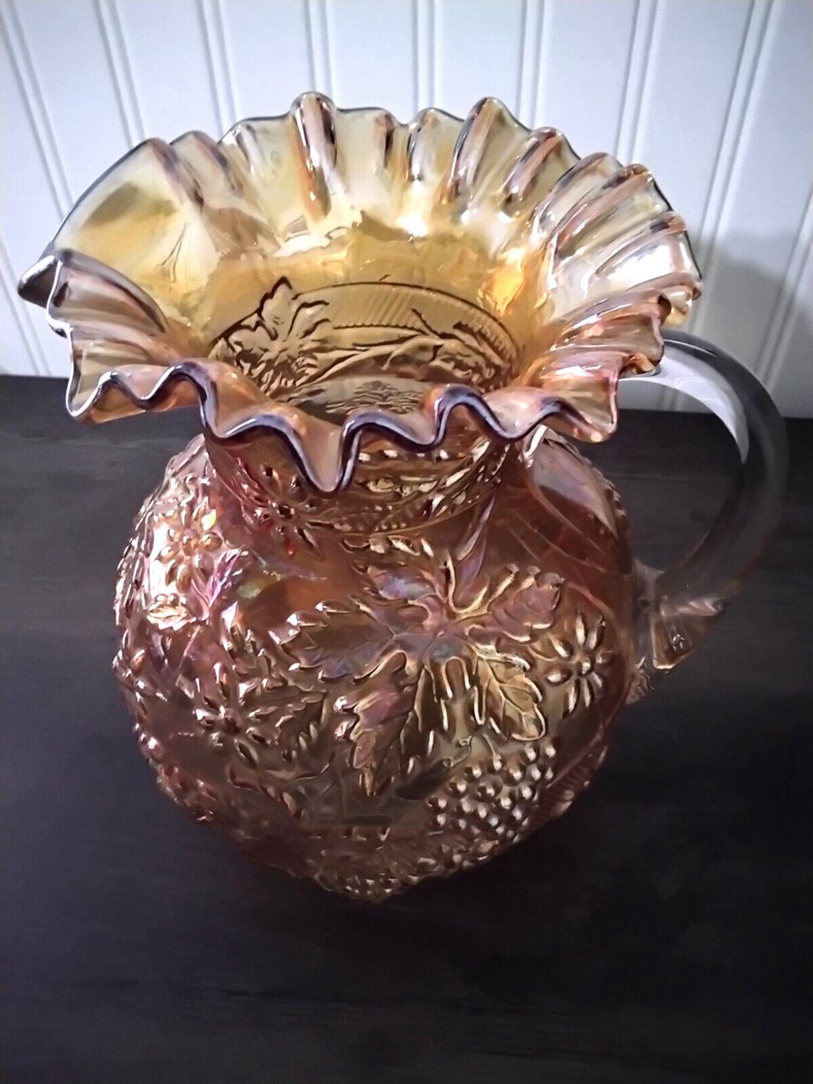 Antique Carnival Glass Pitcher Dugan Vintage Banded Pattern Marigold Ruffled Top