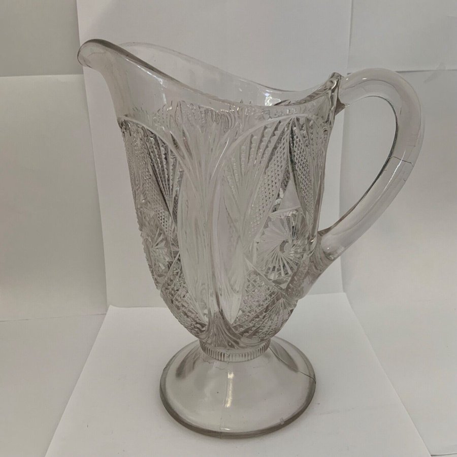 Antique Early 1900s Etched Design RARE 8" Glass Water Beverage Pitcher