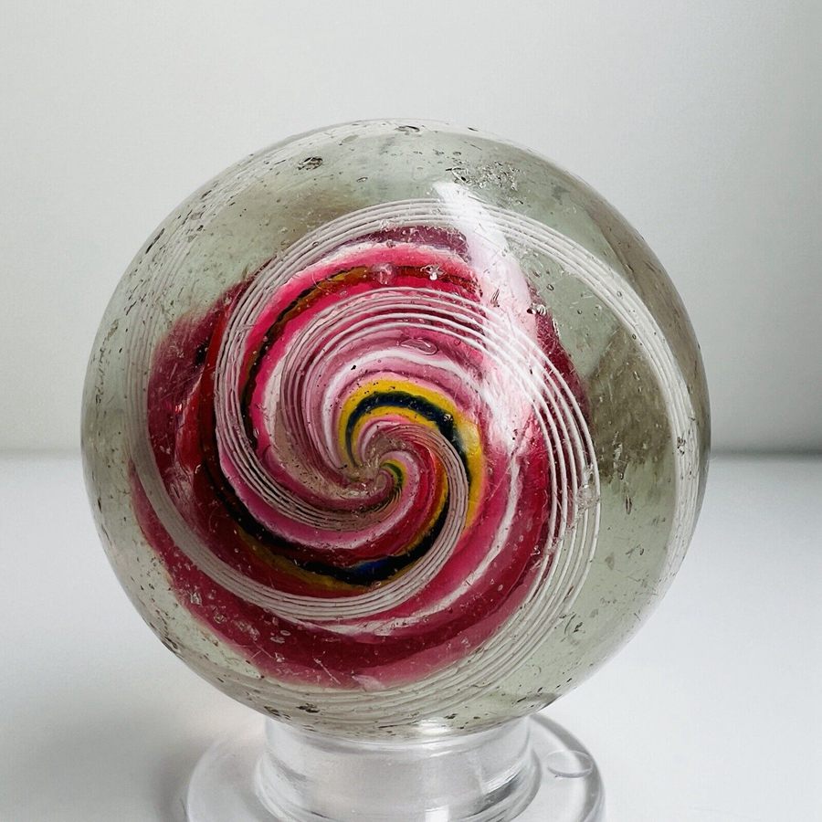Antique German White 3-Band Divided Pink Core Swirl Vintage-Marbles