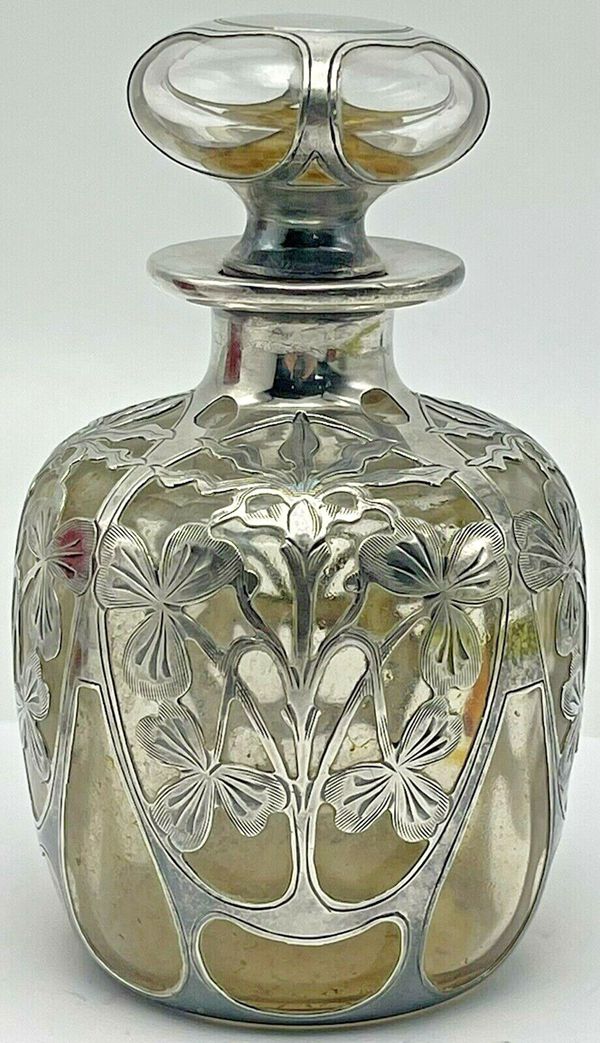 Antique Gorham Silver Glass Overlay Vanity Perfume Bottle Clovers Shamrock D1557