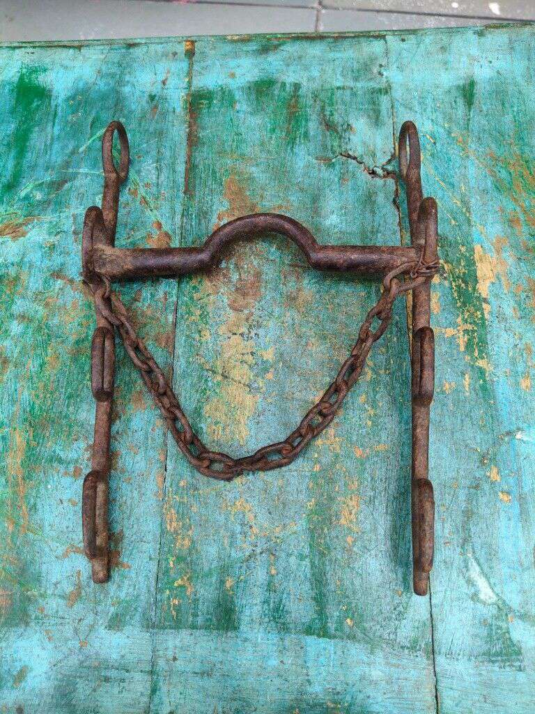 Antique Old Indian Hand Forged Iron Horse Mouth Bridle Snaffle Bit With Chain