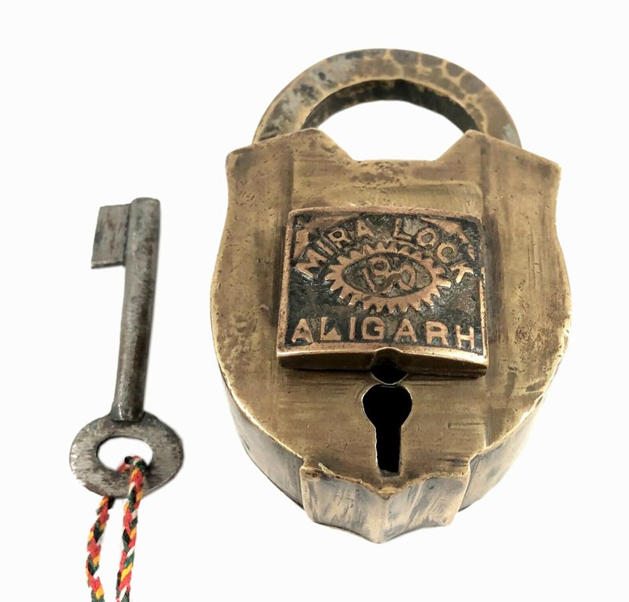 Antique Rare Push Button Tricky Hidden Keyhole Brass Pad Lock