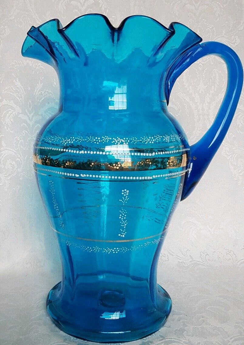 Antique Victorian Art Glass Blue Hand Painted Enamel Water Pitcher