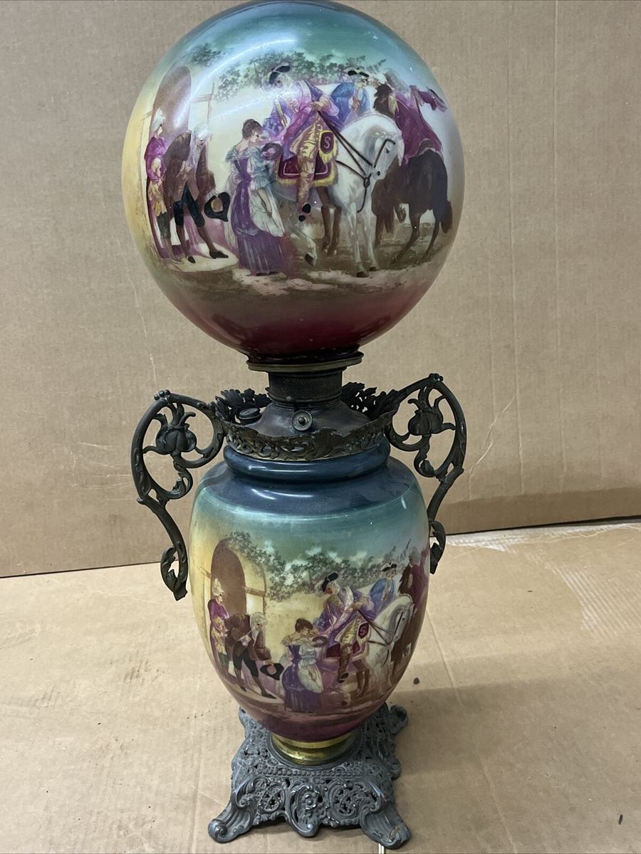 Antique Victorian converted oil Gone With The Wind globe lamp painted horse GWTW