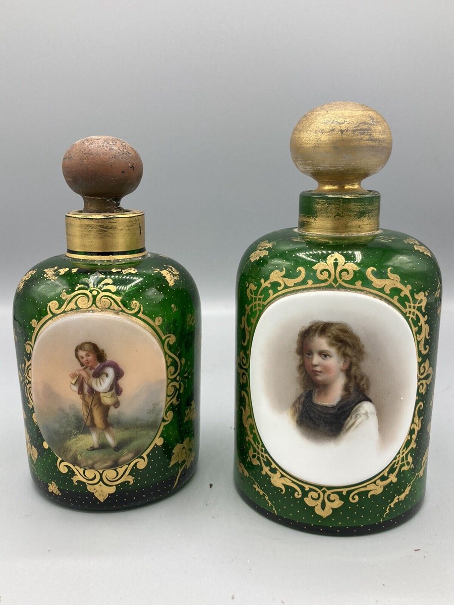 GREEN GLASS Gold HandPainted PORTRAIT CAMEO Perfume Bottles