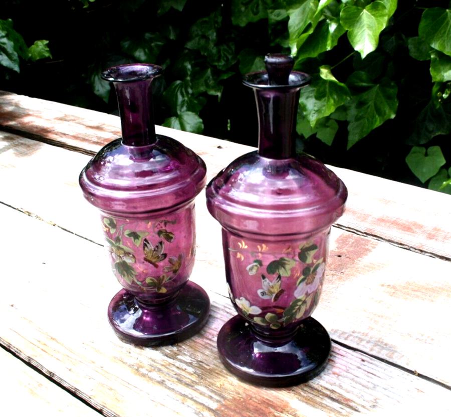 Pair Antique Hand Blown Glass Amethyst Purple Painted Decanter BottlesO