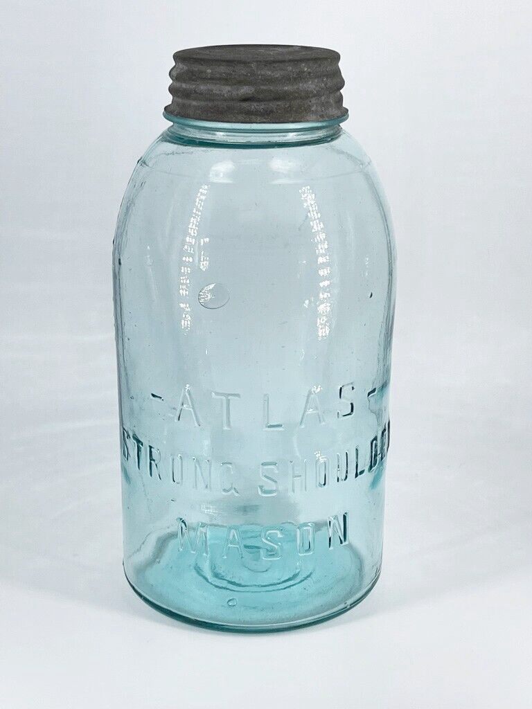 VINTAGE Atlas Strong Shoulder Aqua Blue Mason Canning Jar Half Gallon w Zinc Lid