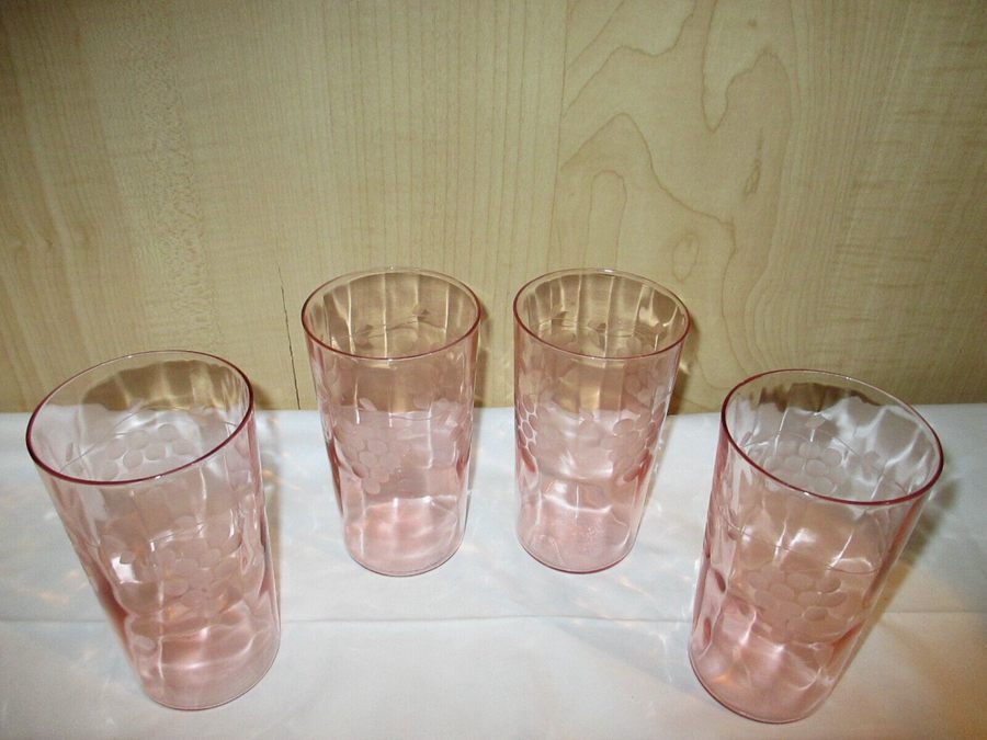 Vintage Pink Depression Glass Drinking Tumblers Etched Grapes