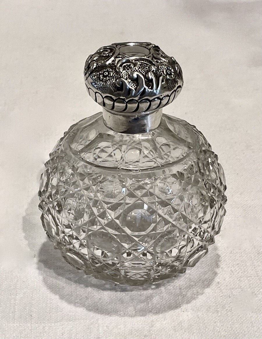 Vtg Antiqu Vict. Cut Glass & Sterling Silver Perfume Scent Ball Bottle London UK